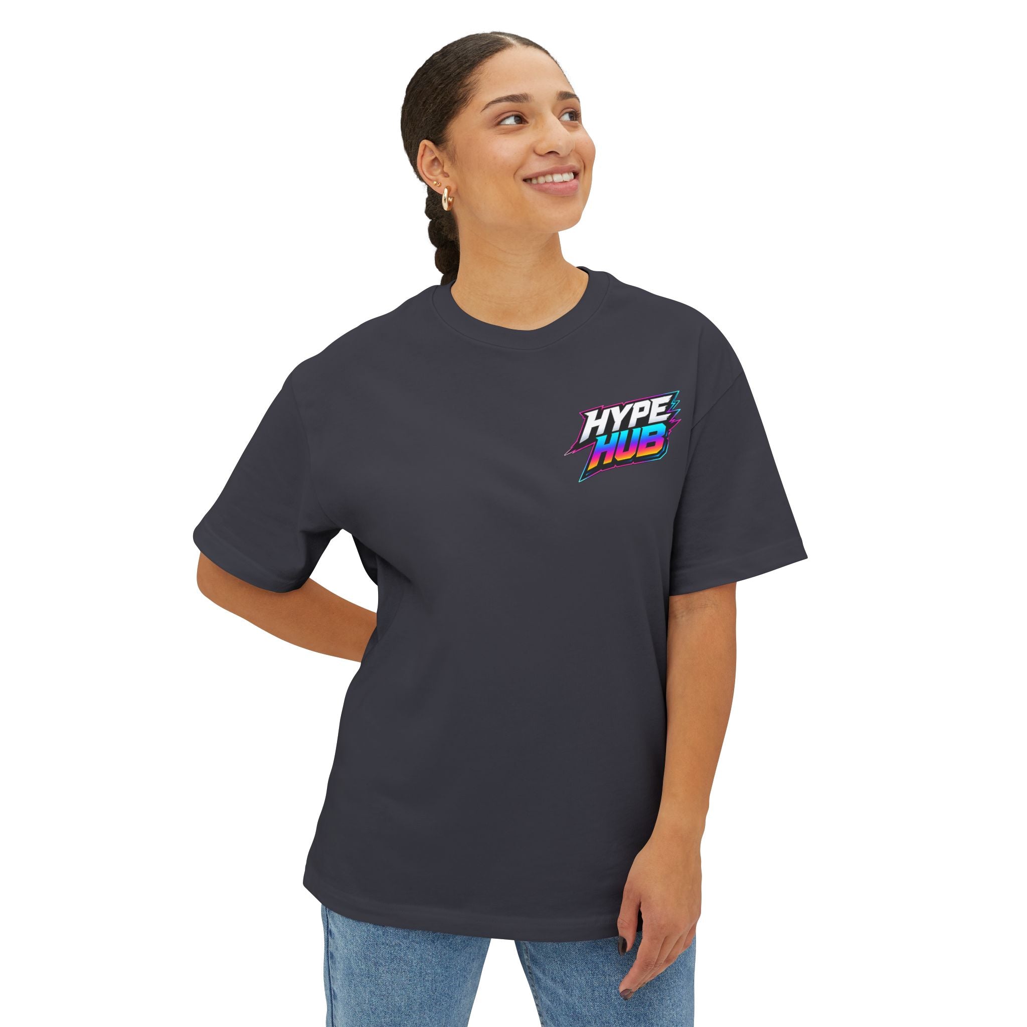 Hype Hub Graphic Tee — Retro Neon Space Logo T-Shirt