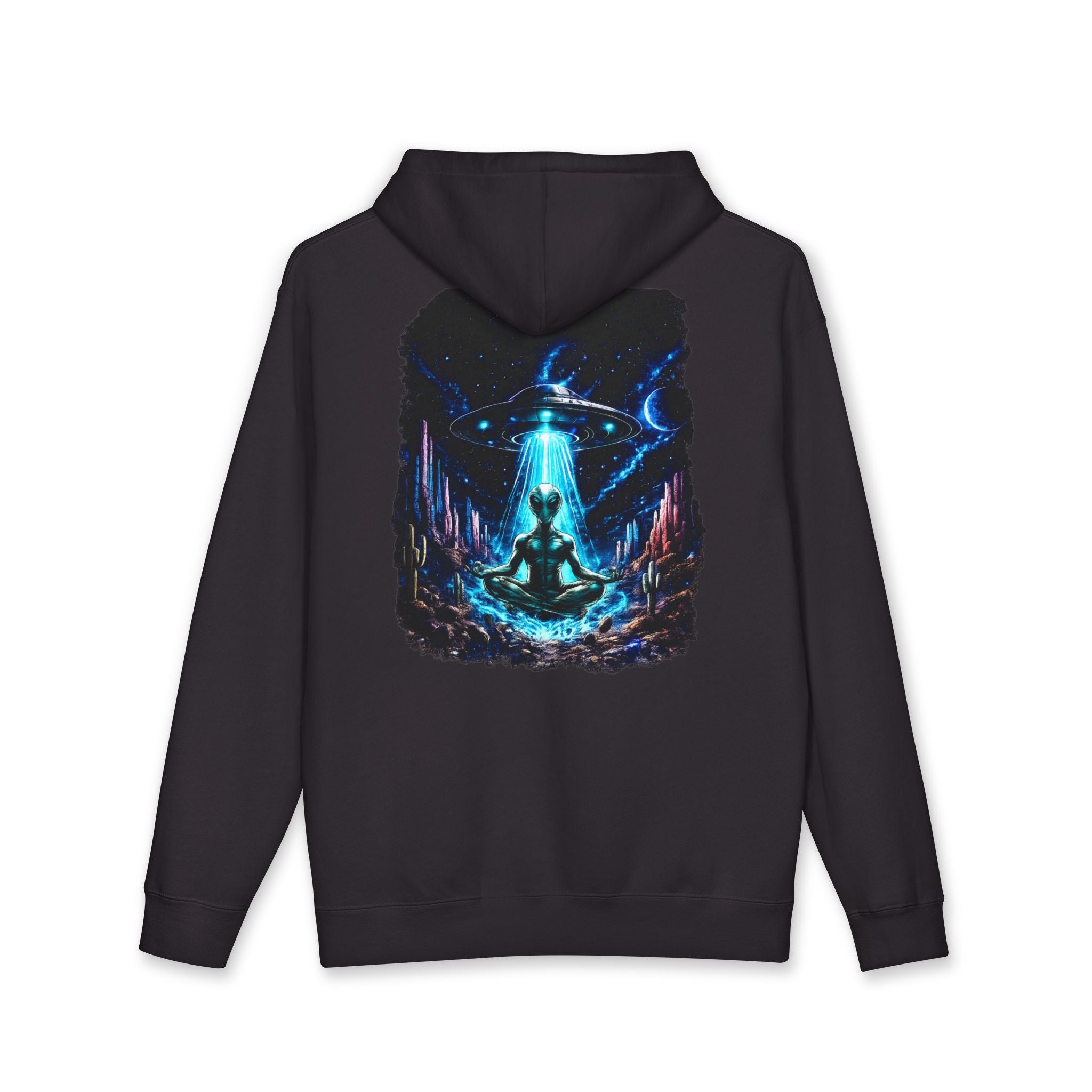 UFO Meditation Hoodie — Alien Abduction Cosmic Yoga Graphic Sweatshirt