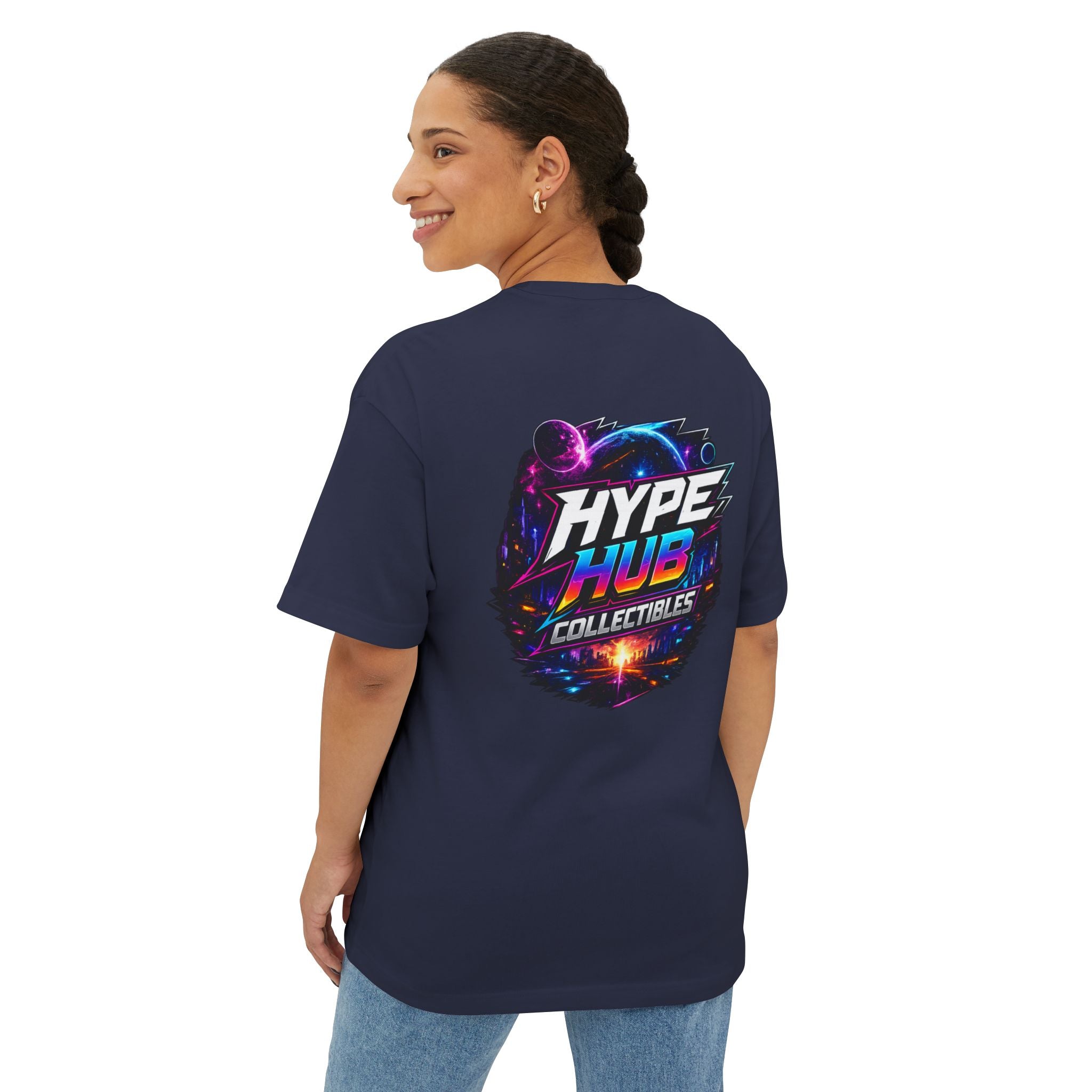 Hype Hub Graphic Tee — Retro Neon Space Logo T-Shirt