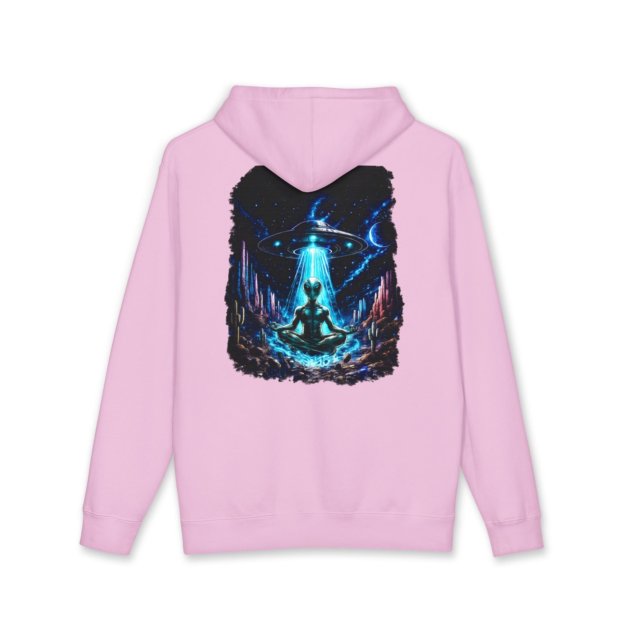 UFO Meditation Hoodie — Alien Abduction Cosmic Yoga Graphic Sweatshirt