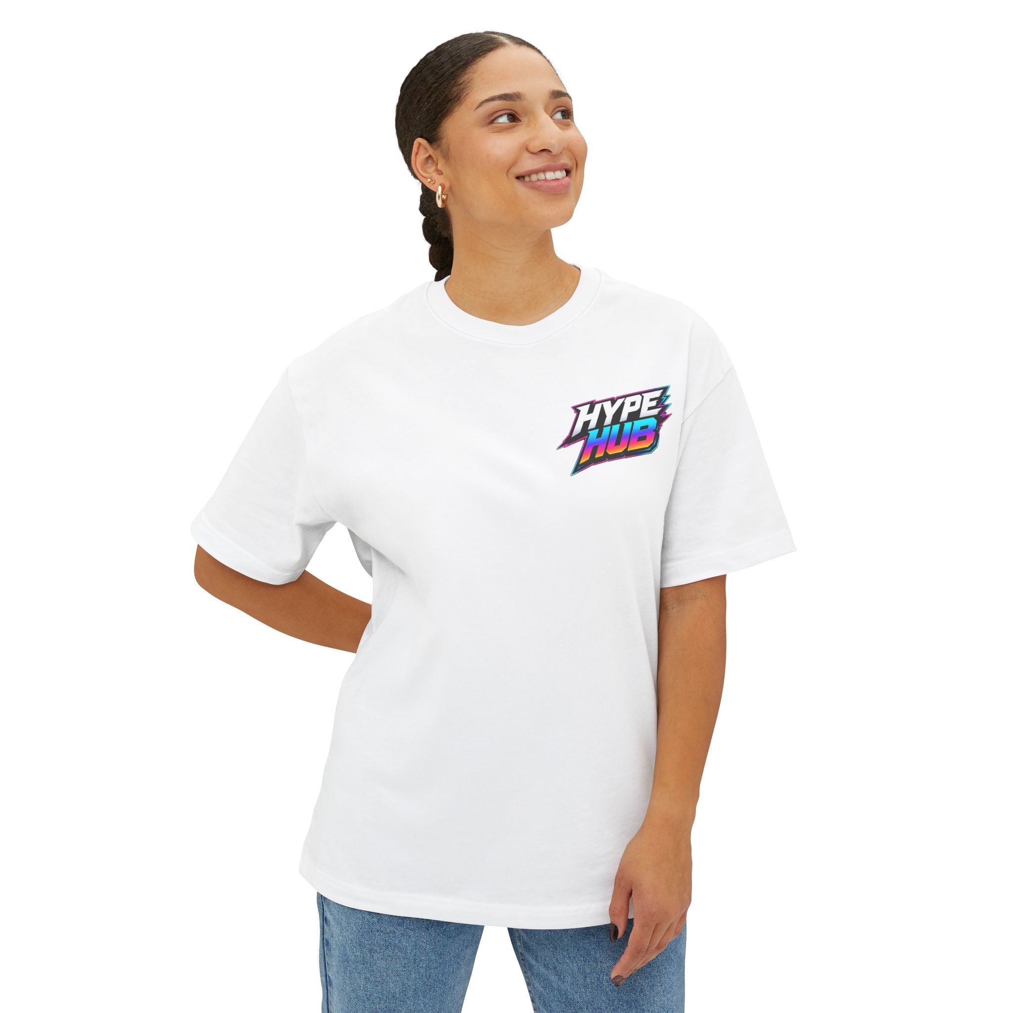 Hype Hub Graphic Tee — Retro Neon Space Logo T-Shirt