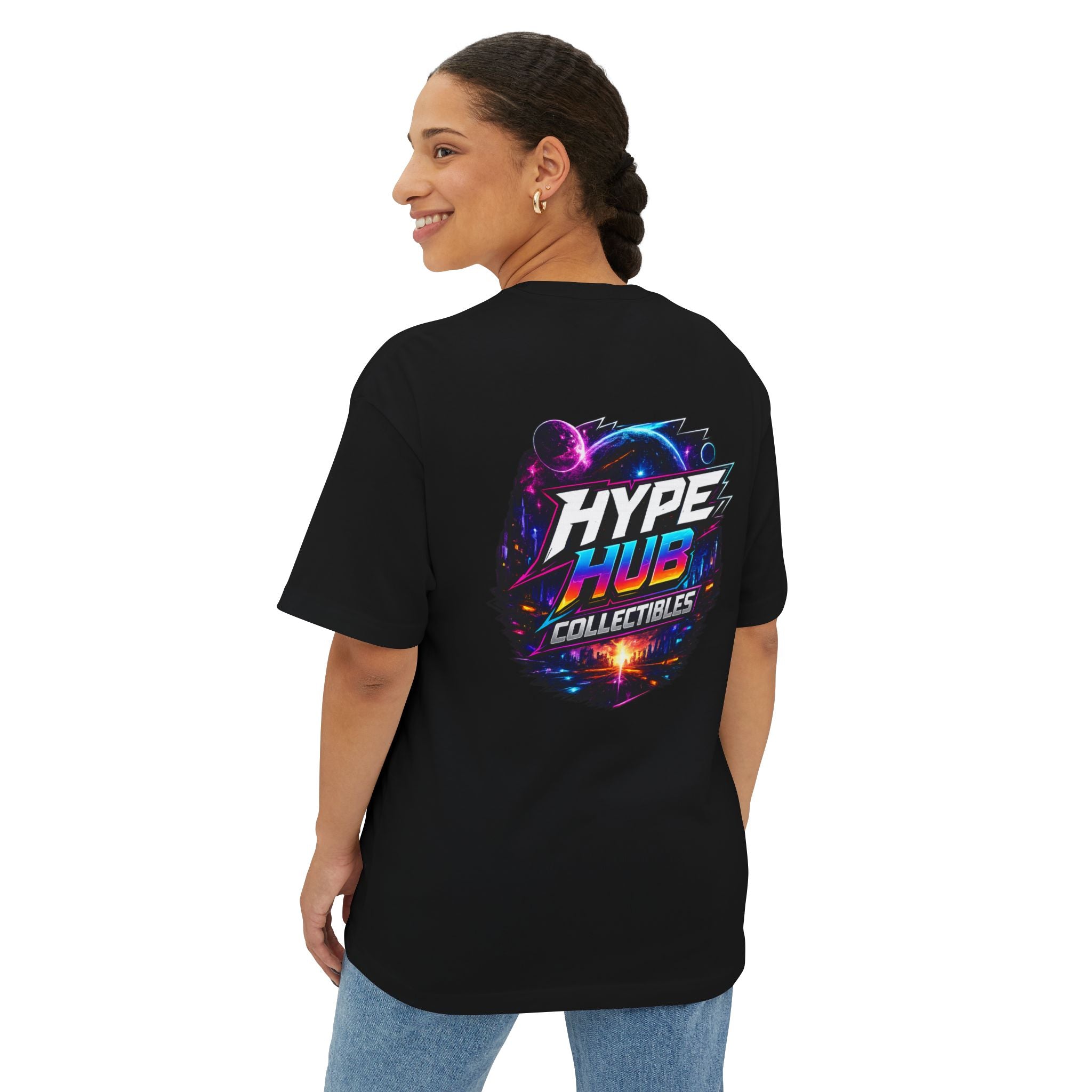 Hype Hub Graphic Tee — Retro Neon Space Logo T-Shirt