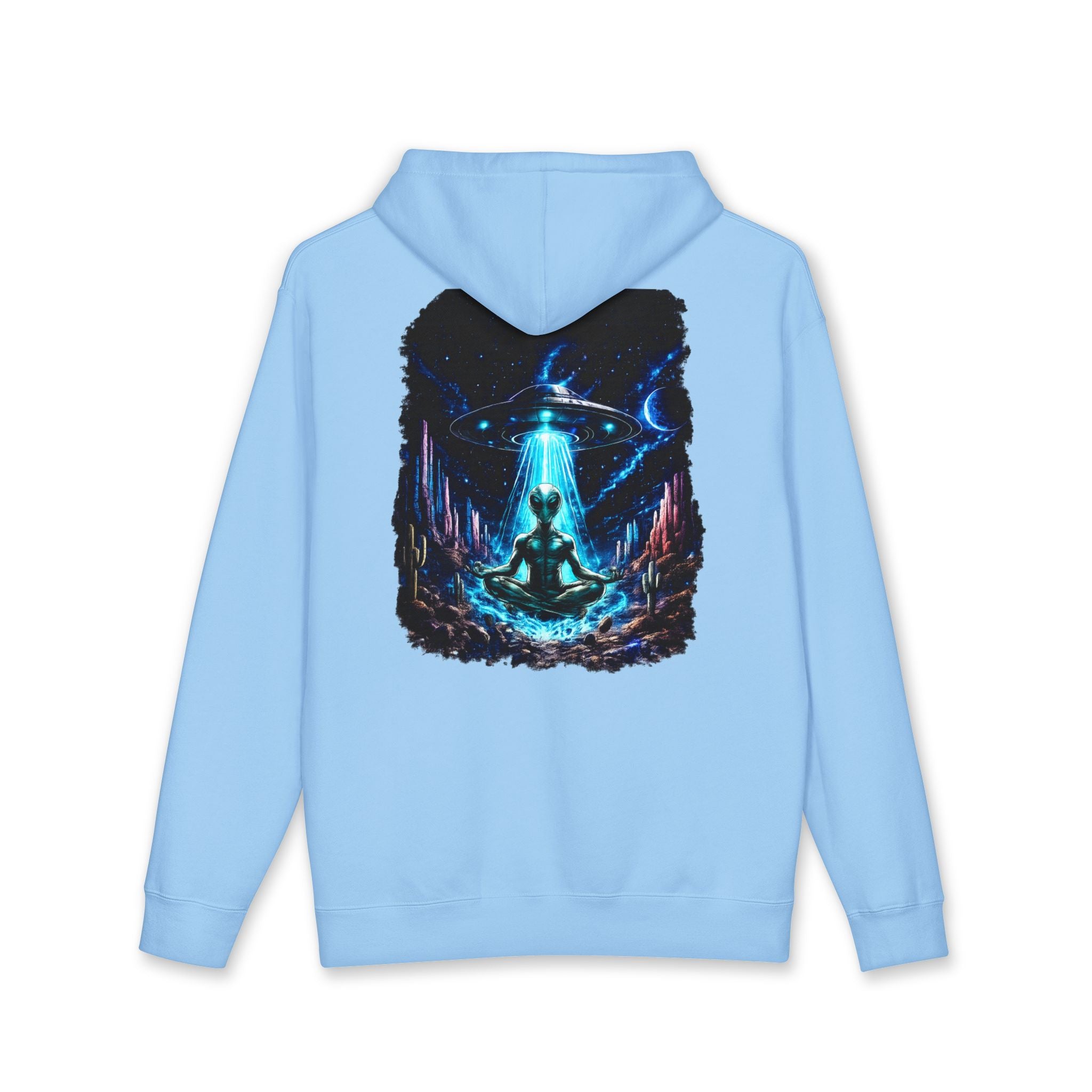 UFO Meditation Hoodie — Alien Abduction Cosmic Yoga Graphic Sweatshirt