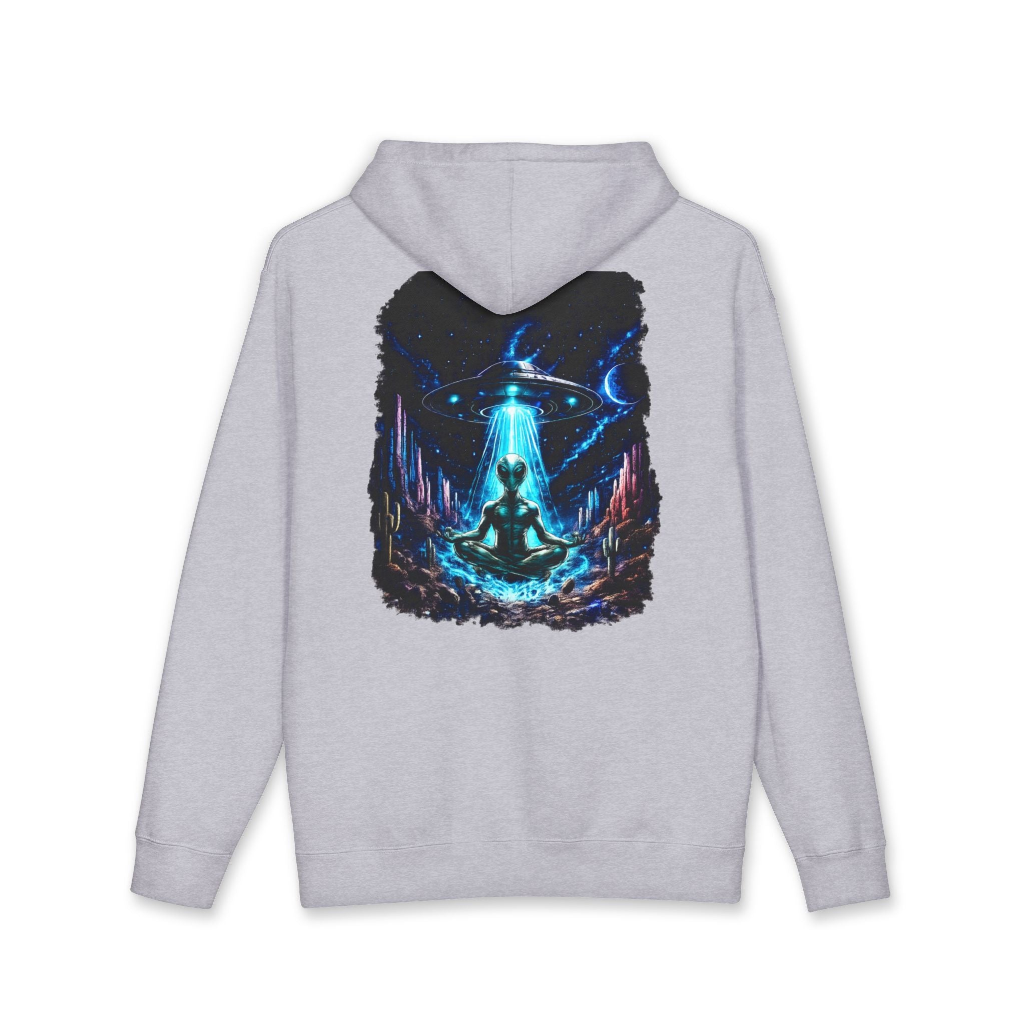 UFO Meditation Hoodie — Alien Abduction Cosmic Yoga Graphic Sweatshirt