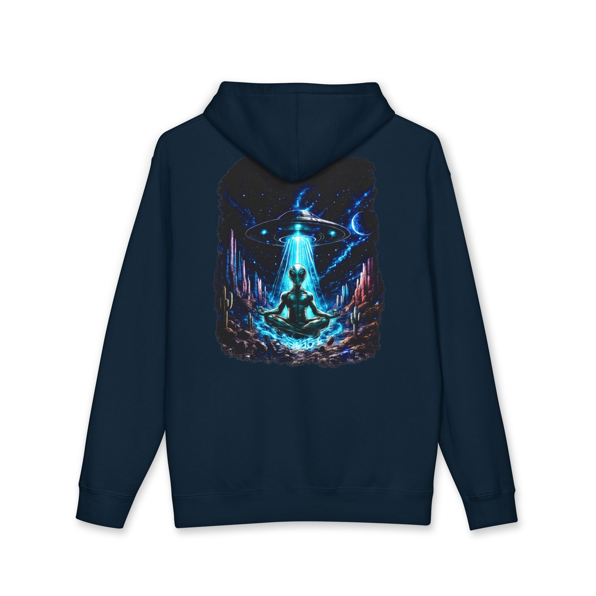 UFO Meditation Hoodie — Alien Abduction Cosmic Yoga Graphic Sweatshirt