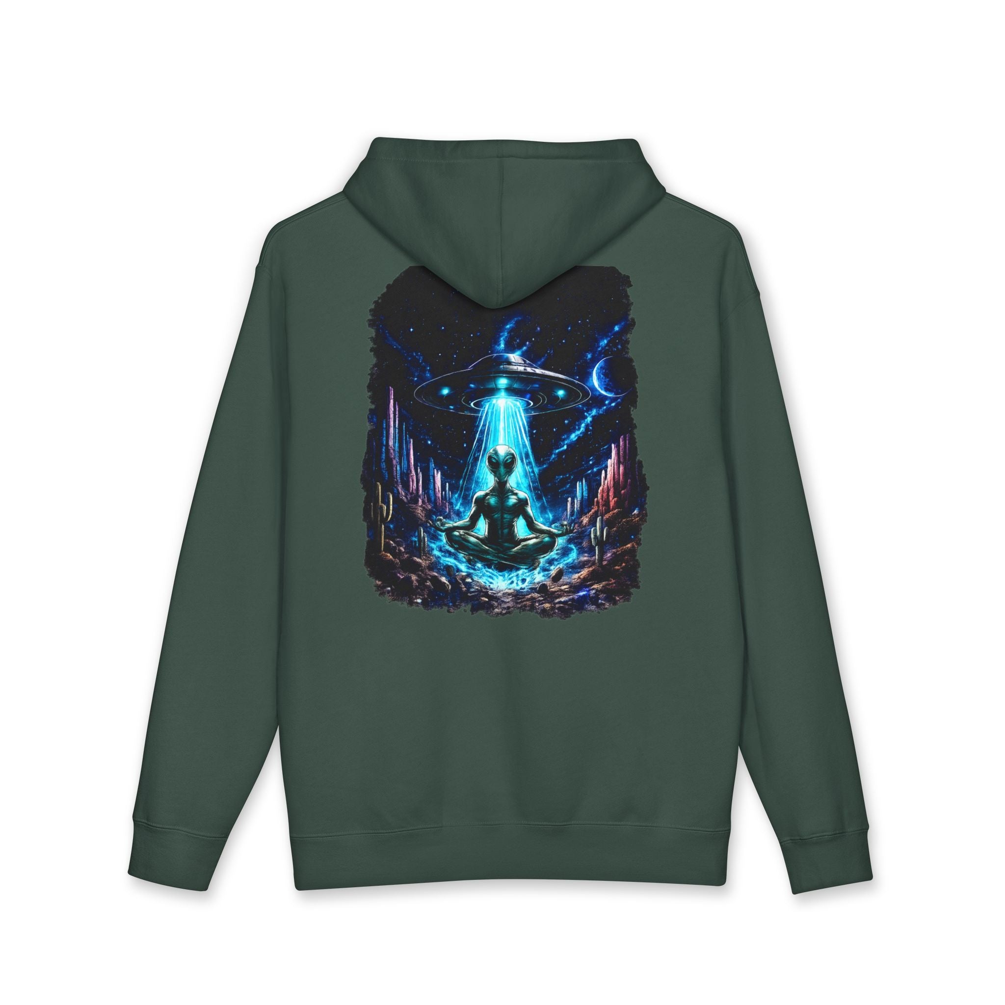 UFO Meditation Hoodie — Alien Abduction Cosmic Yoga Graphic Sweatshirt