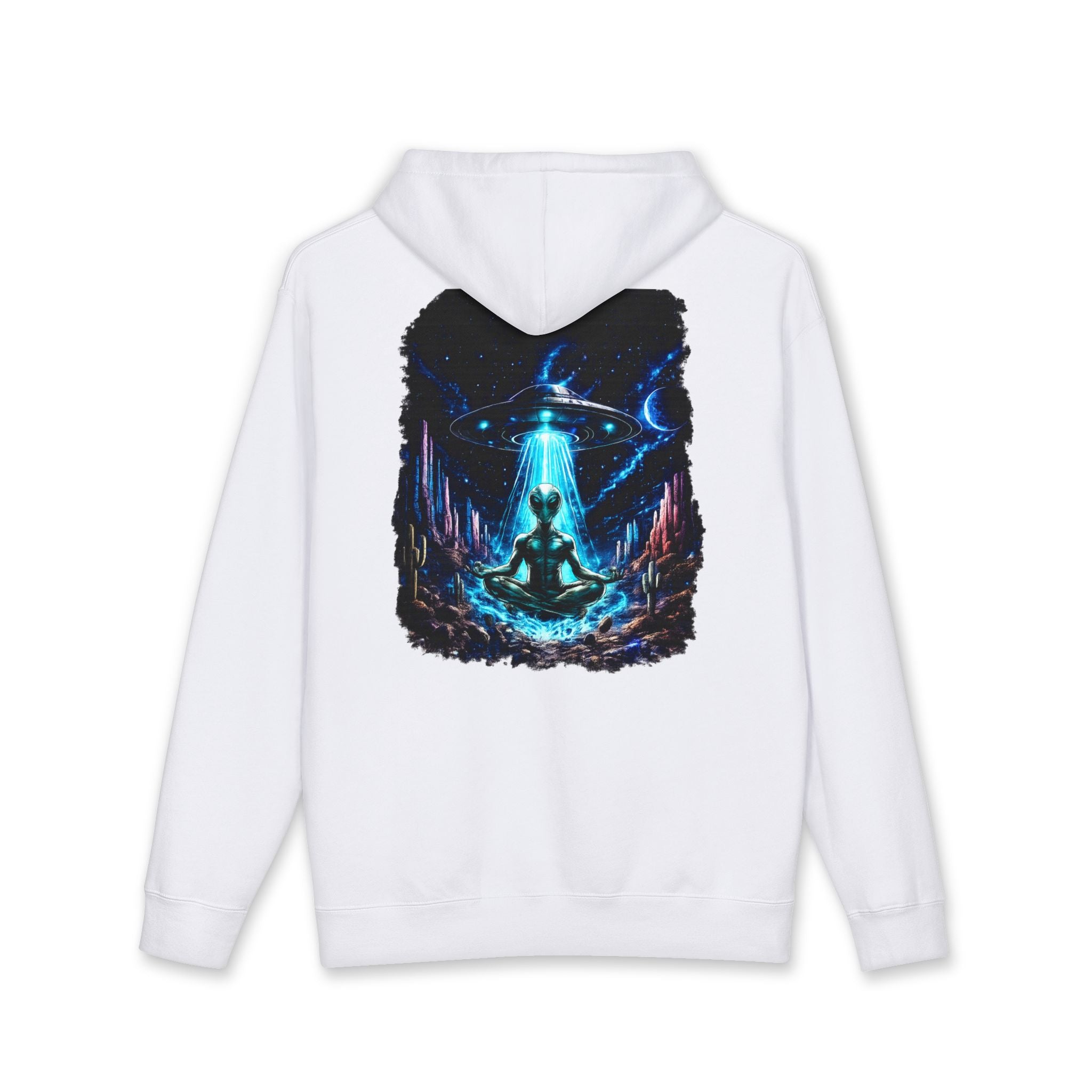 UFO Meditation Hoodie — Alien Abduction Cosmic Yoga Graphic Sweatshirt