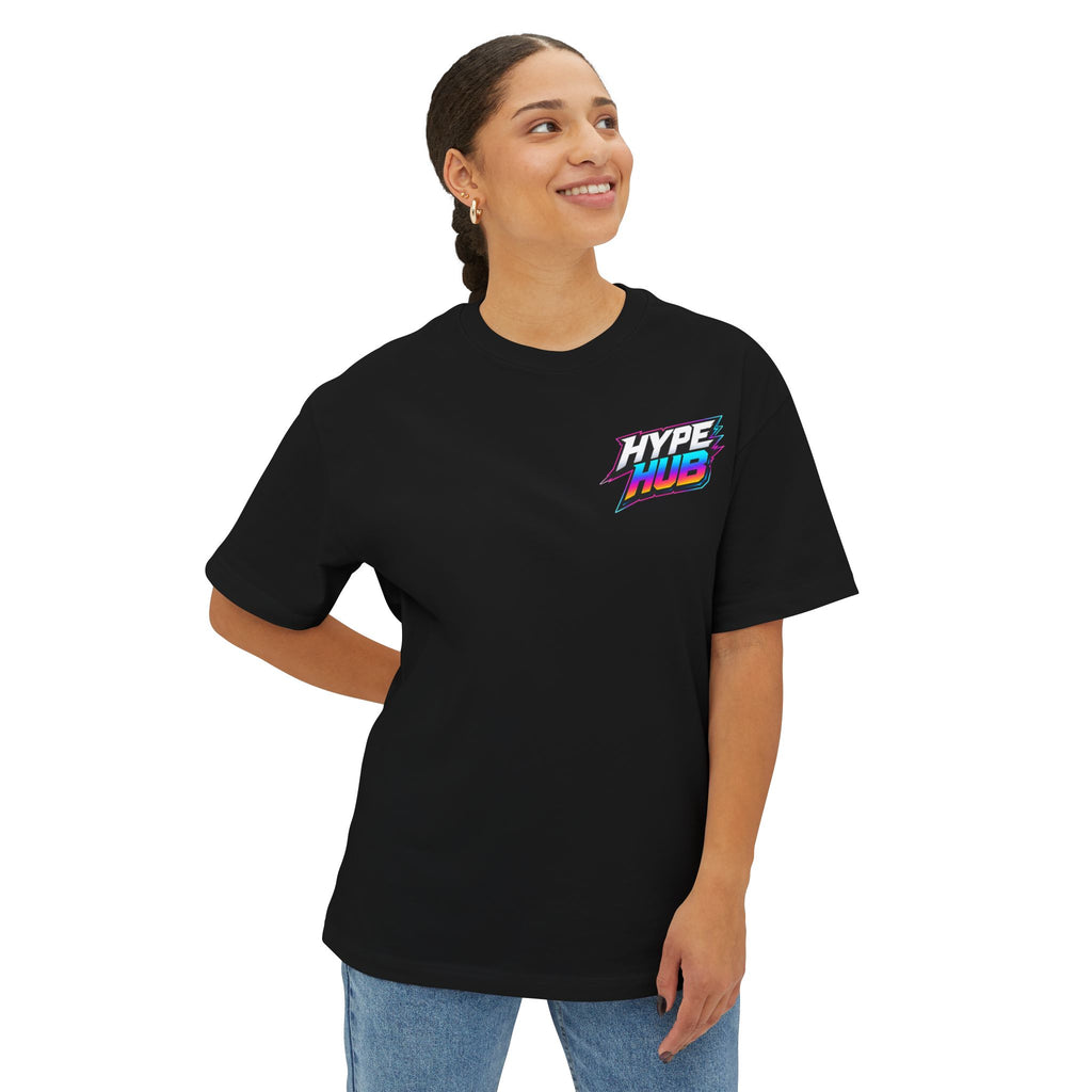 Hype Hub Graphic Tee — Retro Neon Space Logo T-Shirt